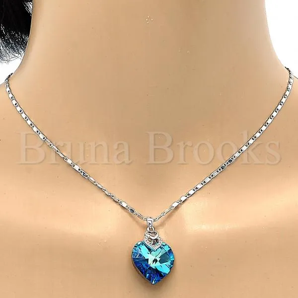Rhodium Plated Fancy Necklace, Heart and Pave Mariner Design, with Swarovski Crystals and Micro Pave, Rhodium Tone