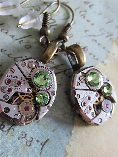 Steampunk ear gear - Peridot - Steampunk Earrings