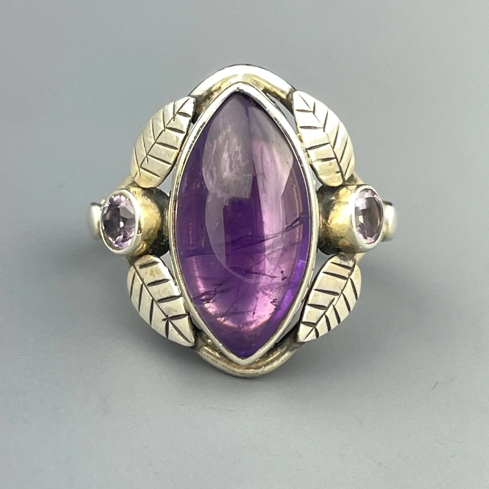 Vintage Silver Leaf Amethyst Cabochon Arts and Crafts Style Ring, Sz 7 3/4